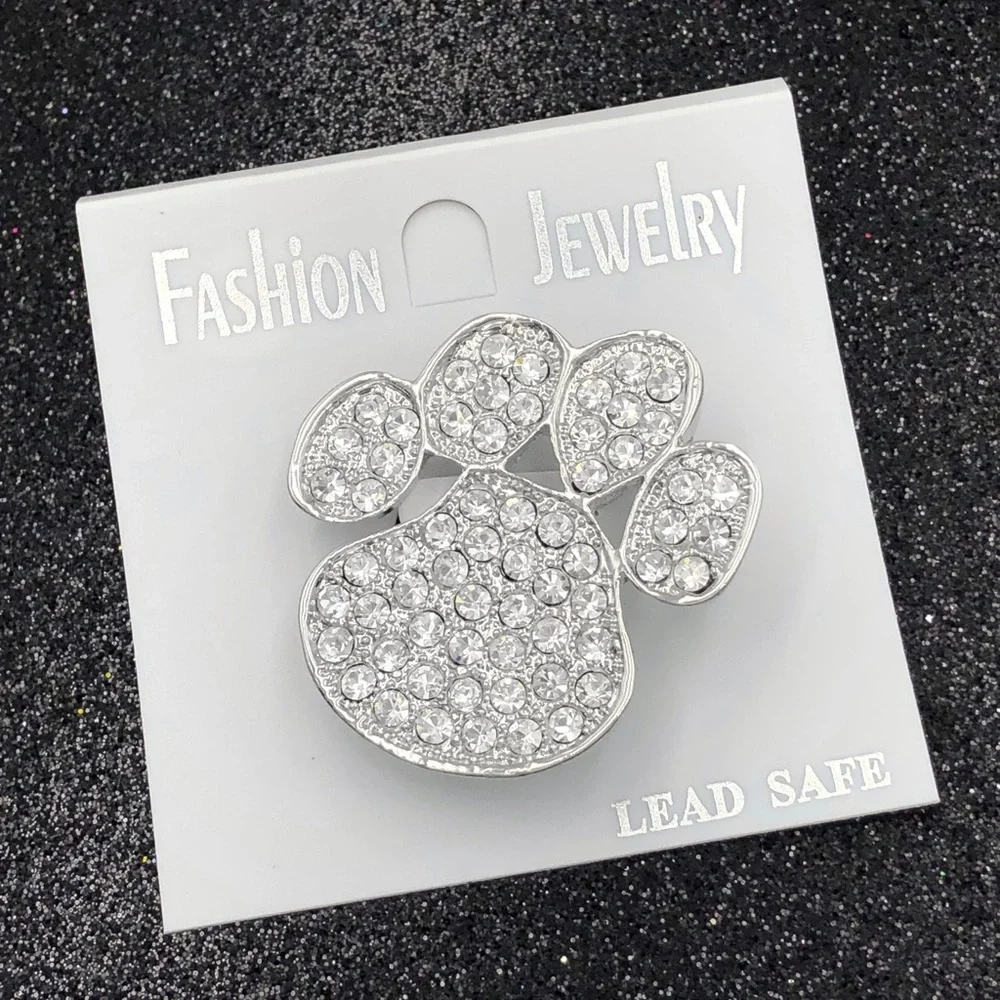 Silver Rhinestone Paw Print Brooch or Pendant